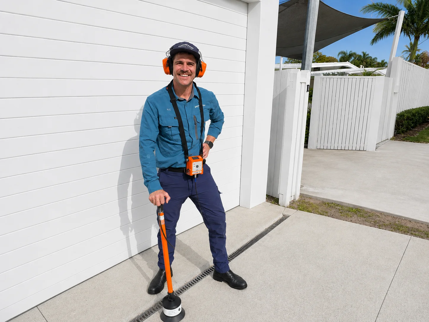 Nic using an acoustic ground microphone and headphones for leak detection on a Gold Coast driveway