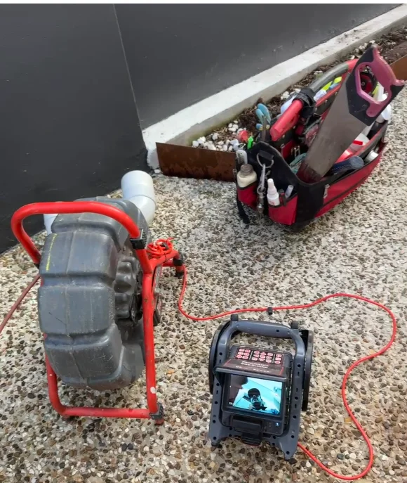 CCTV drain camera reel and live inspection monitor at a Gold Coast drain inspection