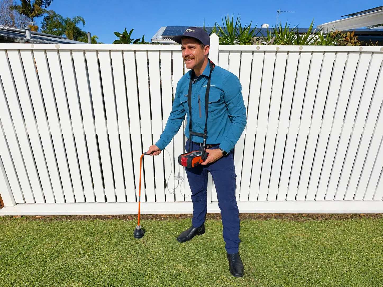 Tracer gas leak detection probe scanning a concrete slab